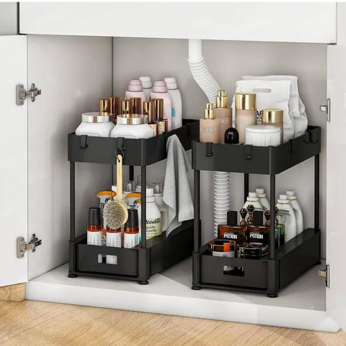 ClearReach black two-tier under-sink organizer front view